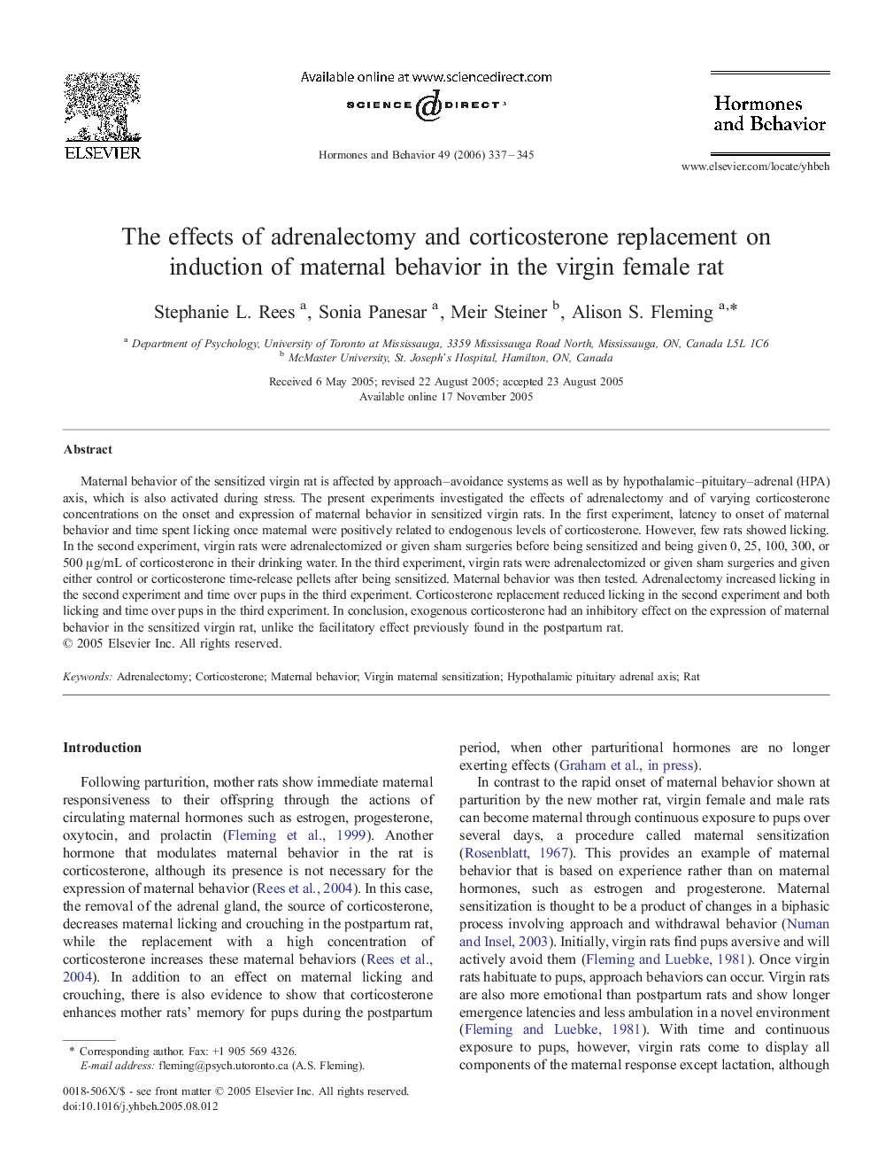 The effects of adrenalectomy and corticosterone replacement on induction of maternal behavior in the virgin female rat