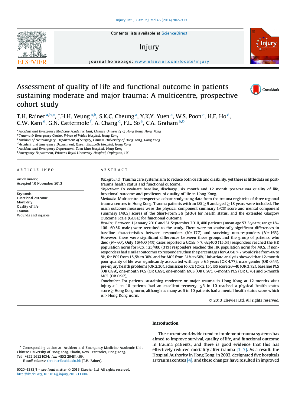 Assessment of quality of life and functional outcome in patients sustaining moderate and major trauma: A multicentre, prospective cohort study