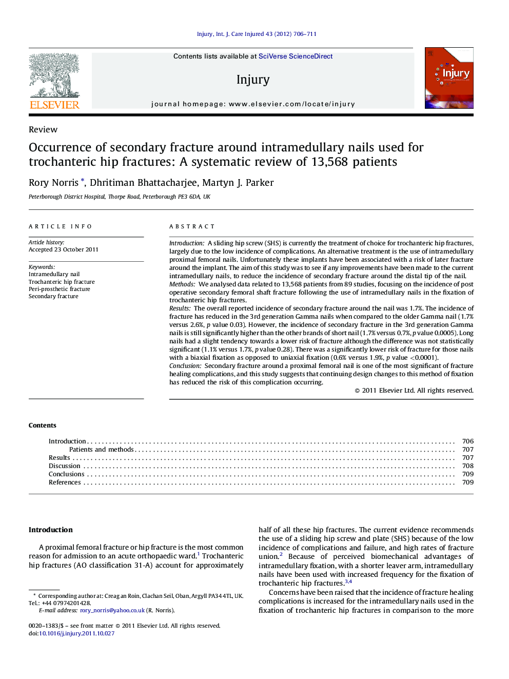 Occurrence of secondary fracture around intramedullary nails used for trochanteric hip fractures: A systematic review of 13,568 patients