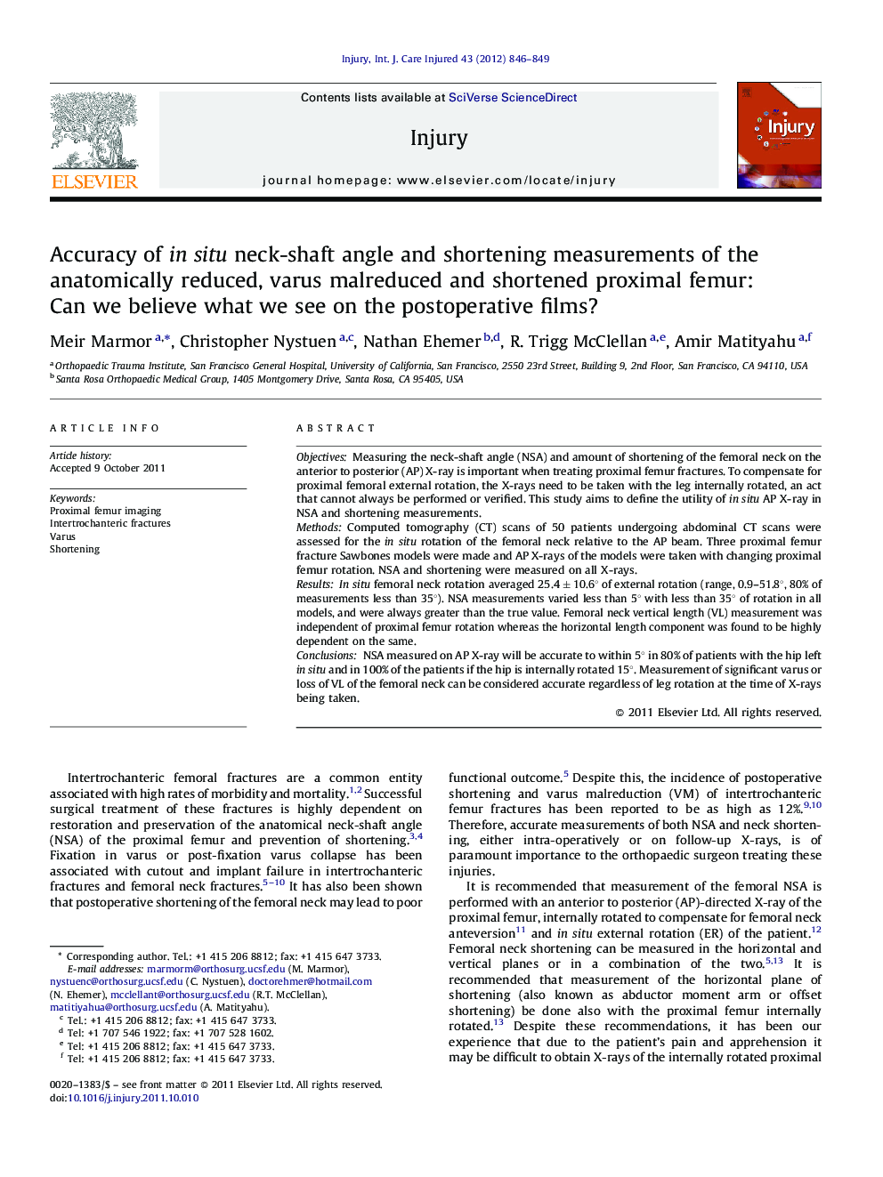 Accuracy of in situ neck-shaft angle and shortening measurements of the anatomically reduced, varus malreduced and shortened proximal femur: Can we believe what we see on the postoperative films?