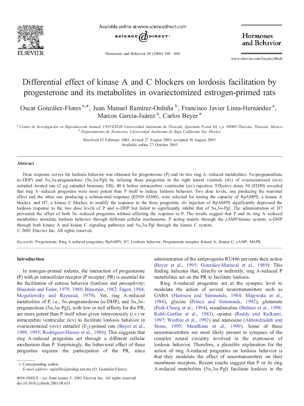 Differential effect of kinase A and C blockers on lordosis facilitation by progesterone and its metabolites in ovariectomized estrogen-primed rats