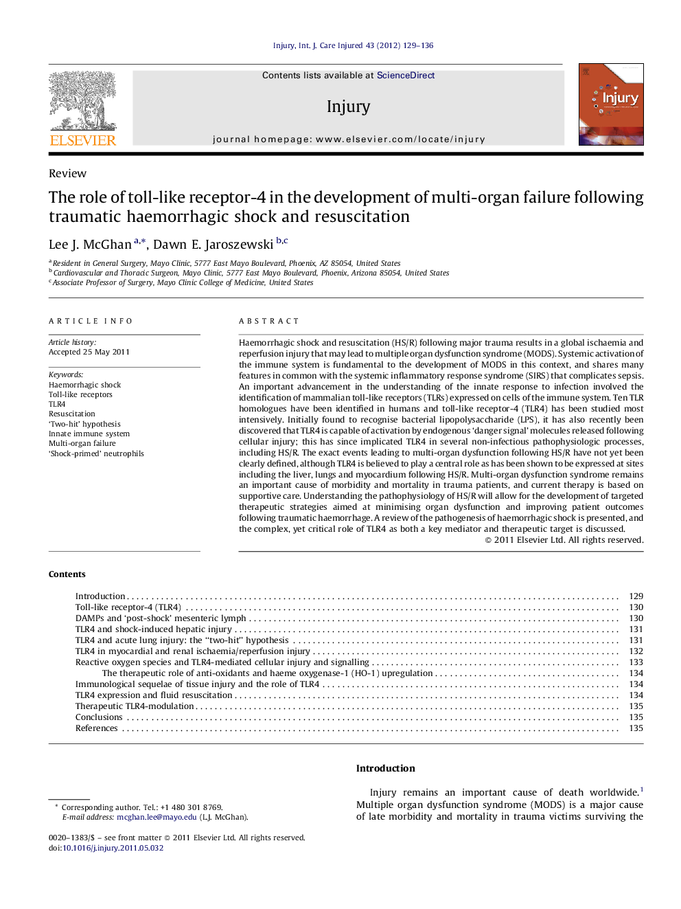 عکس صفحه اول مقاله: The role of toll-like receptor-4 in the development of multi-organ failure following traumatic haemorrhagic shock and resuscitation The role of toll-like receptor-4 in the development of multi-organ failure following traumatic haemorrhagic shock and resuscitation