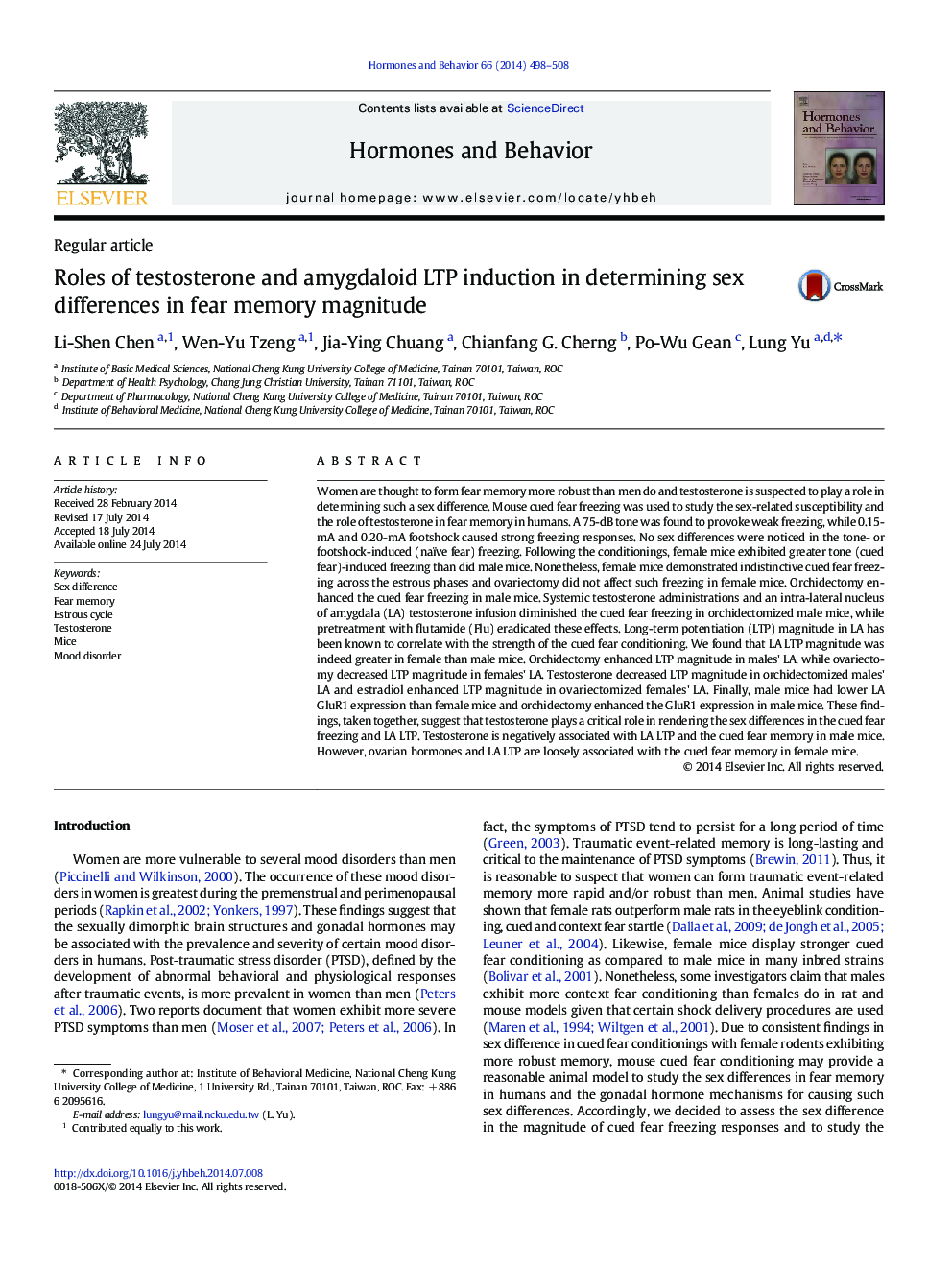 Roles of testosterone and amygdaloid LTP induction in determining sex differences in fear memory magnitude