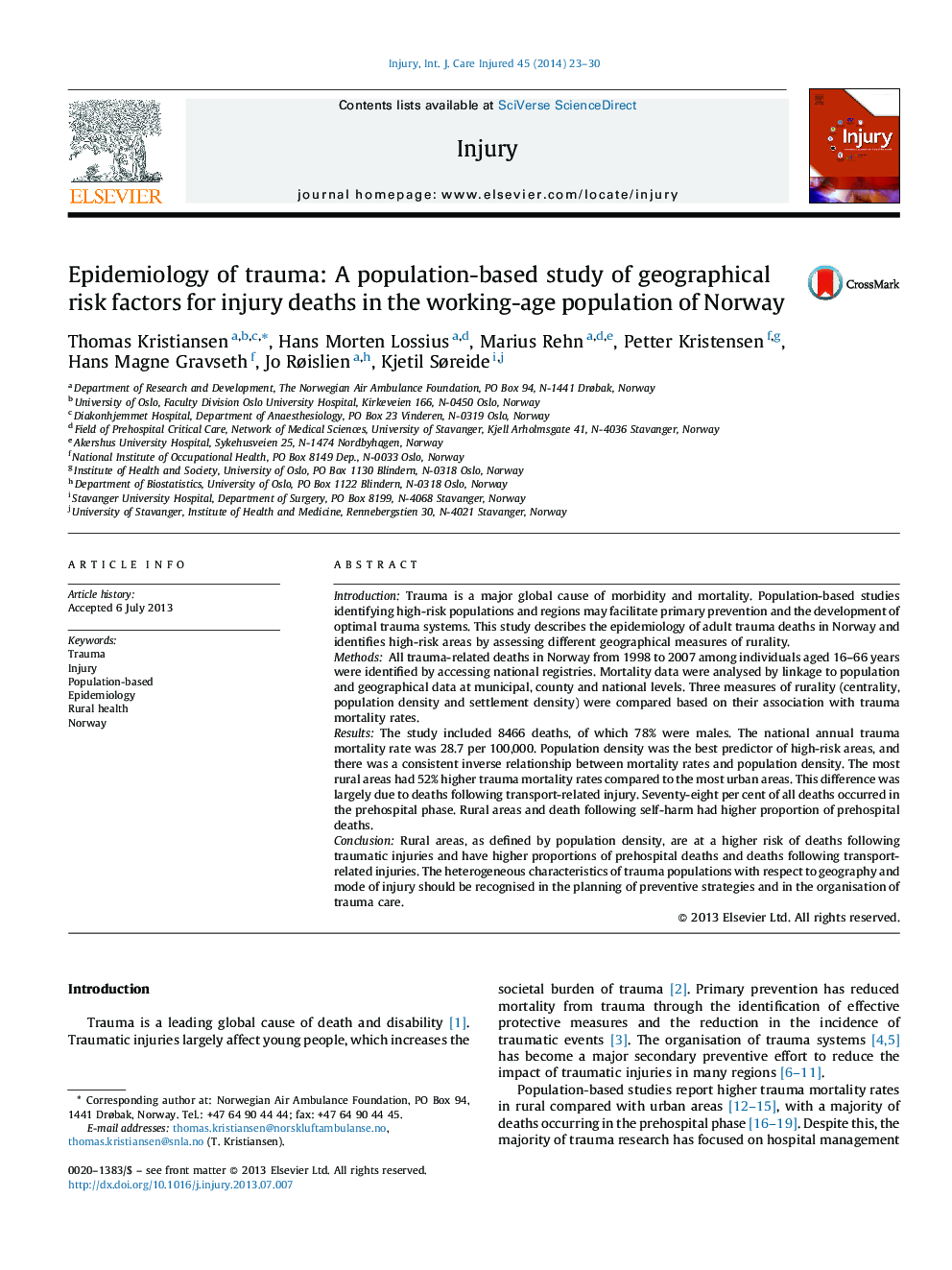 Epidemiology of trauma: A population-based study of geographical risk factors for injury deaths in the working-age population of Norway