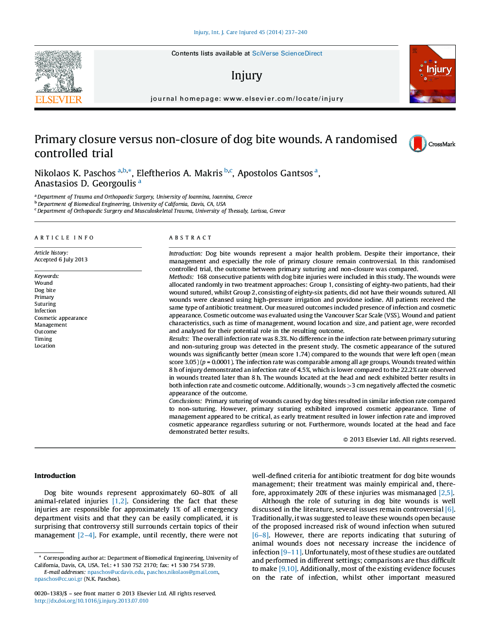 Primary closure versus non-closure of dog bite wounds. A randomised controlled trial