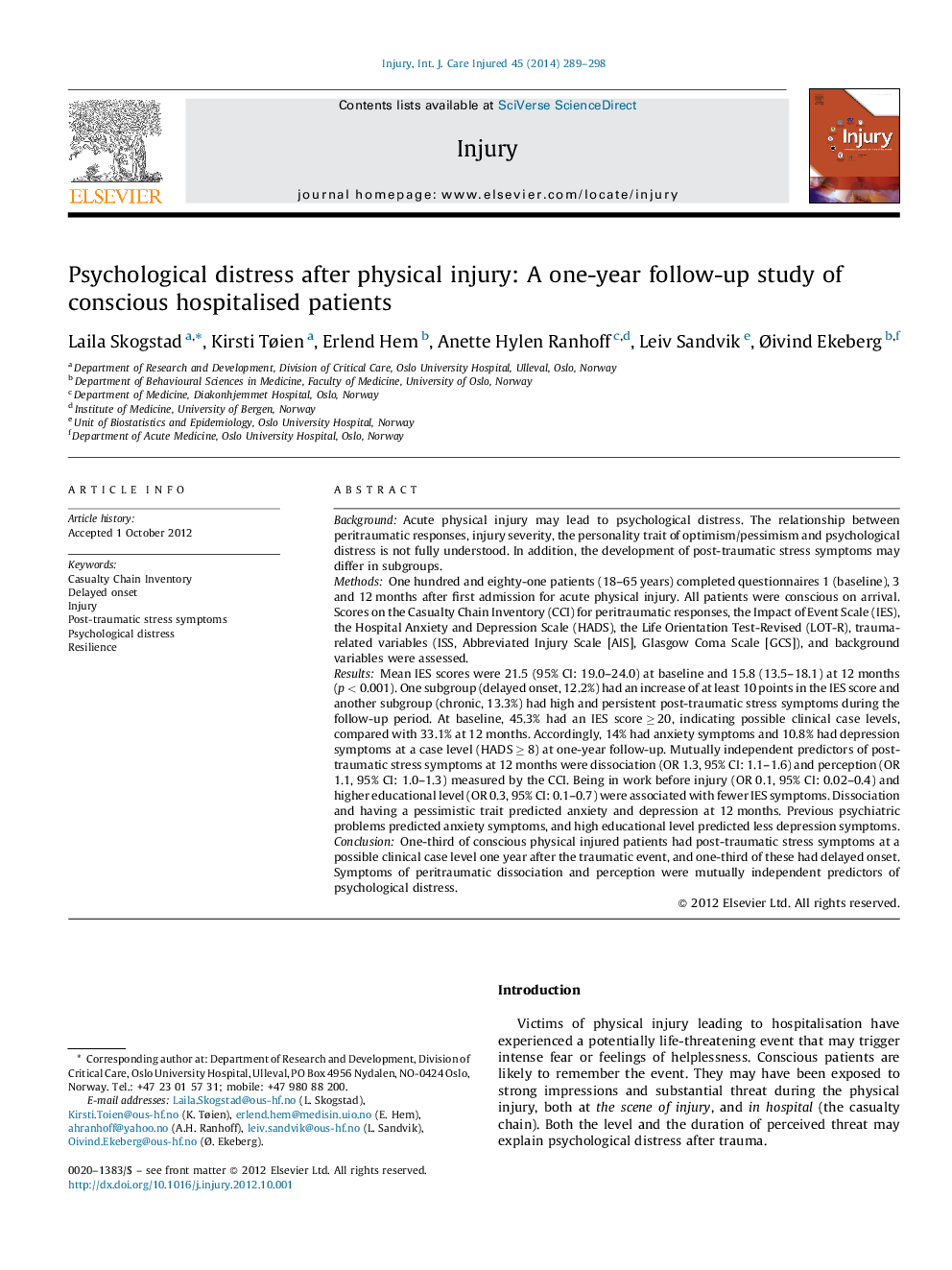 Psychological distress after physical injury: A one-year follow-up study of conscious hospitalised patients