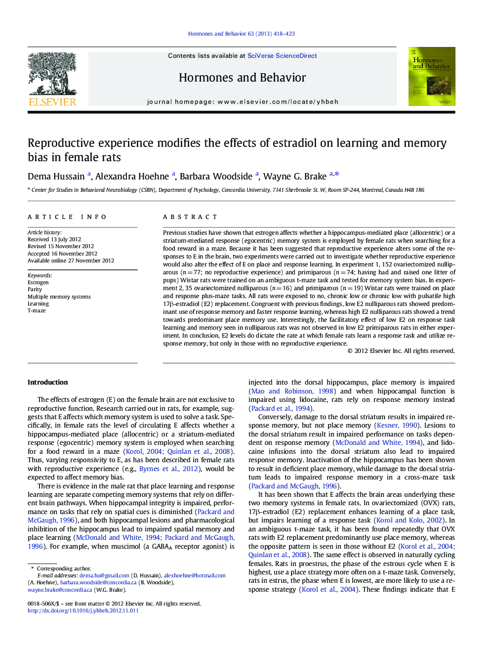 Reproductive experience modifies the effects of estradiol on learning and memory bias in female rats