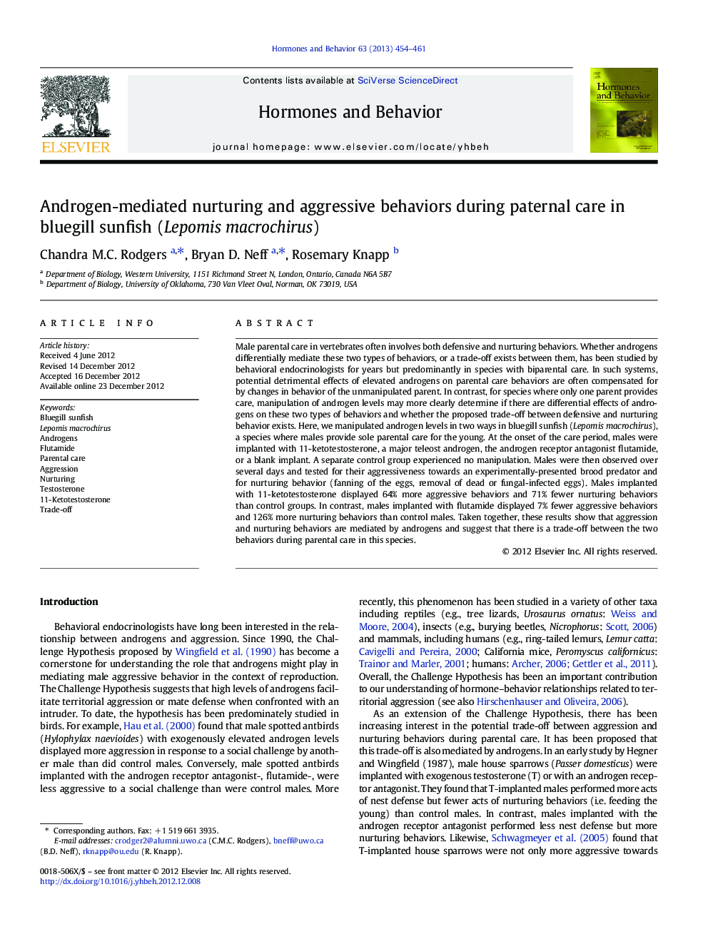 Androgen-mediated nurturing and aggressive behaviors during paternal care in bluegill sunfish (Lepomis macrochirus)