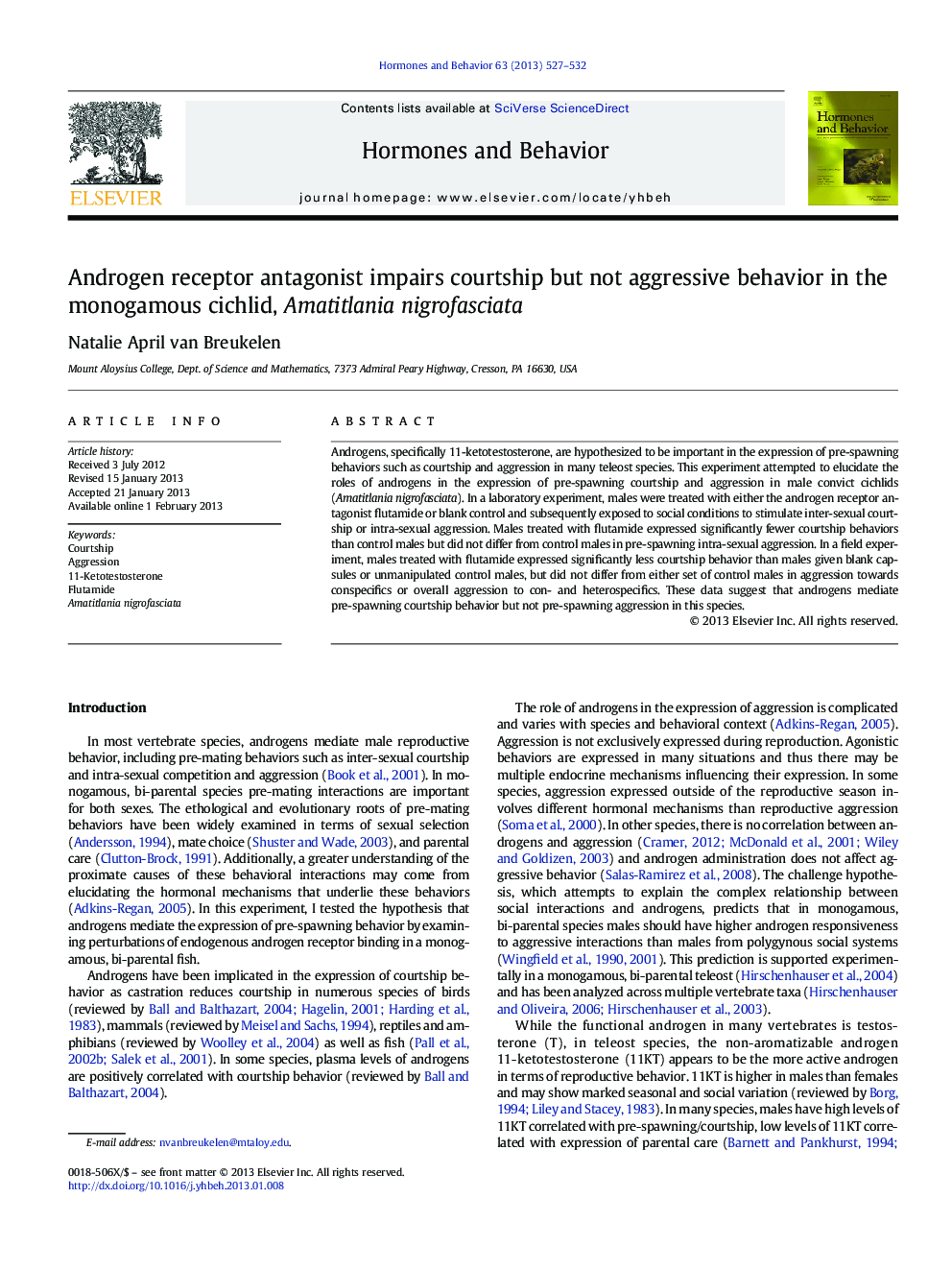 Androgen receptor antagonist impairs courtship but not aggressive behavior in the monogamous cichlid, Amatitlania nigrofasciata