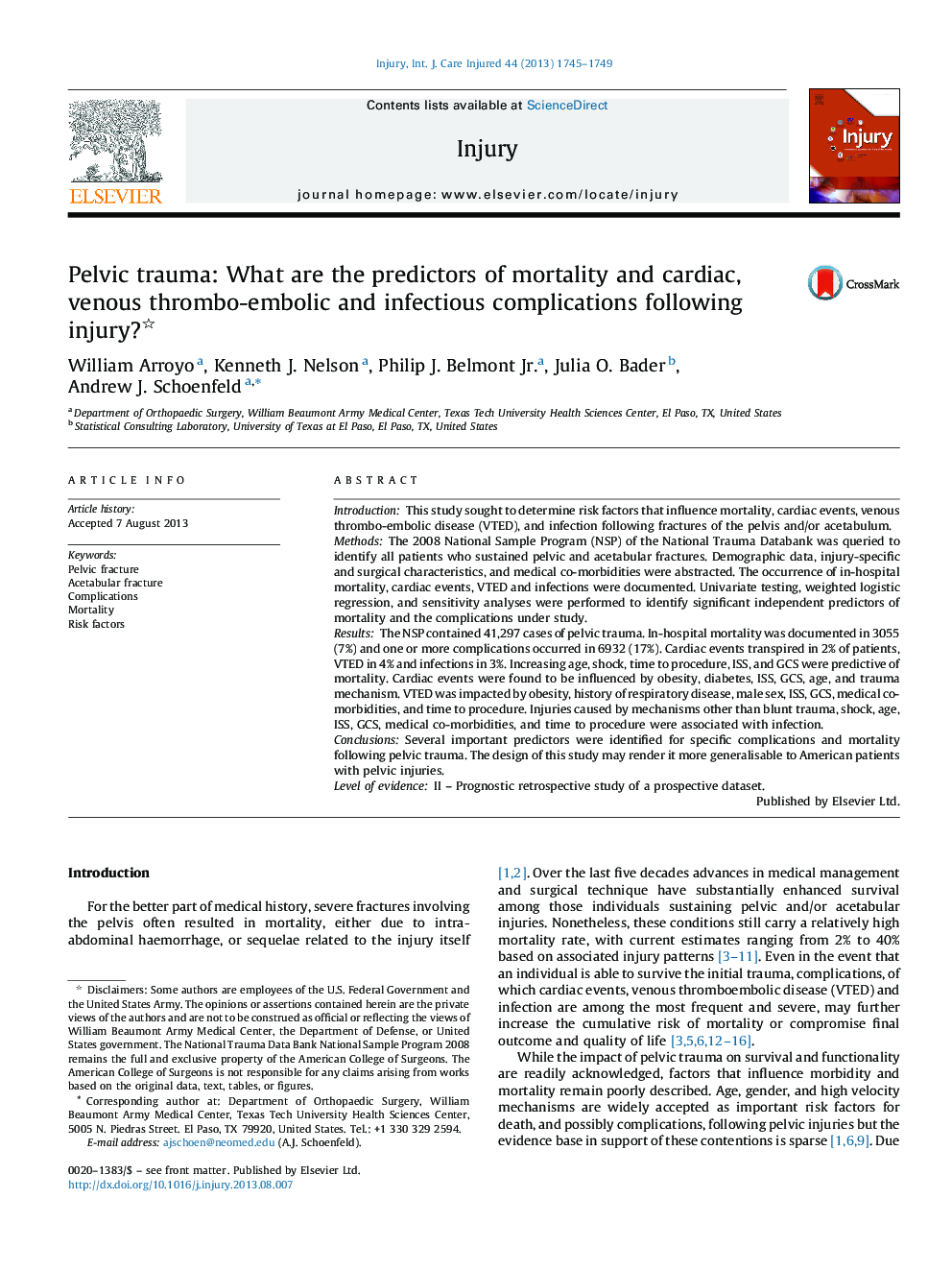 Pelvic trauma: What are the predictors of mortality and cardiac, venous thrombo-embolic and infectious complications following injury? 