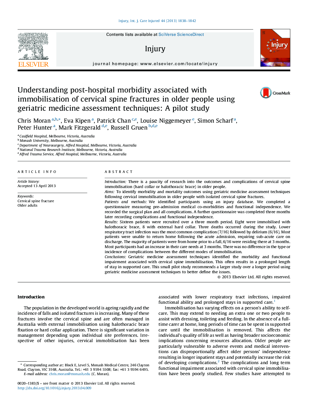 Understanding post-hospital morbidity associated with immobilisation of cervical spine fractures in older people using geriatric medicine assessment techniques: A pilot study