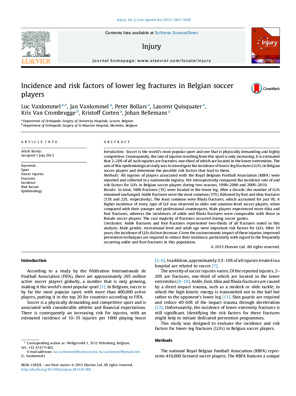 Incidence and risk factors of lower leg fractures in Belgian soccer players