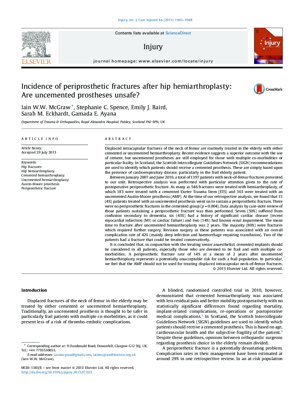 Incidence of periprosthetic fractures after hip hemiarthroplasty: Are uncemented prostheses unsafe?