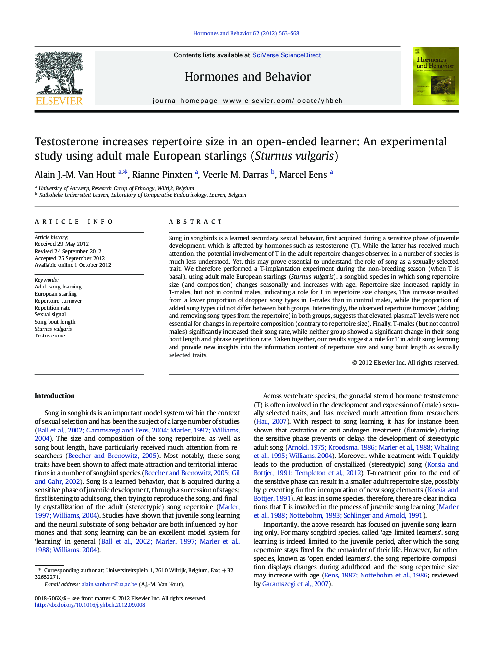 Testosterone increases repertoire size in an open-ended learner: An experimental study using adult male European starlings (Sturnus vulgaris)
