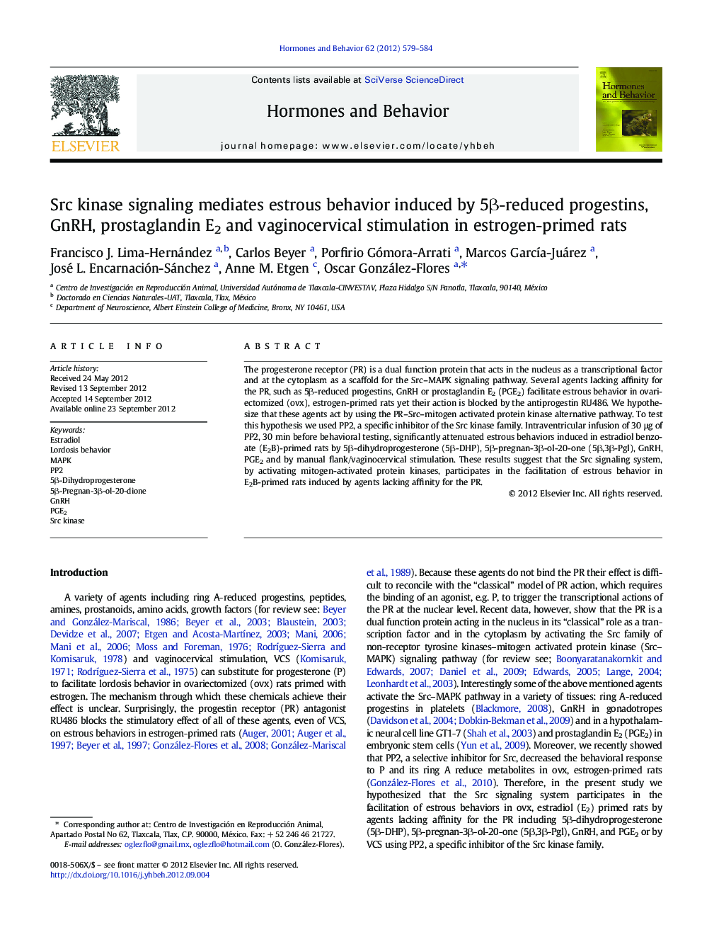 Src kinase signaling mediates estrous behavior induced by 5β-reduced progestins, GnRH, prostaglandin E2 and vaginocervical stimulation in estrogen-primed rats