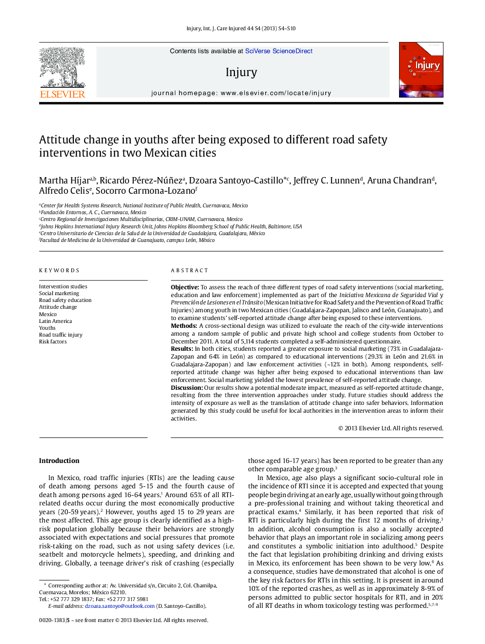 Attitude change in youths after being exposed to different road safety interventions in two Mexican cities