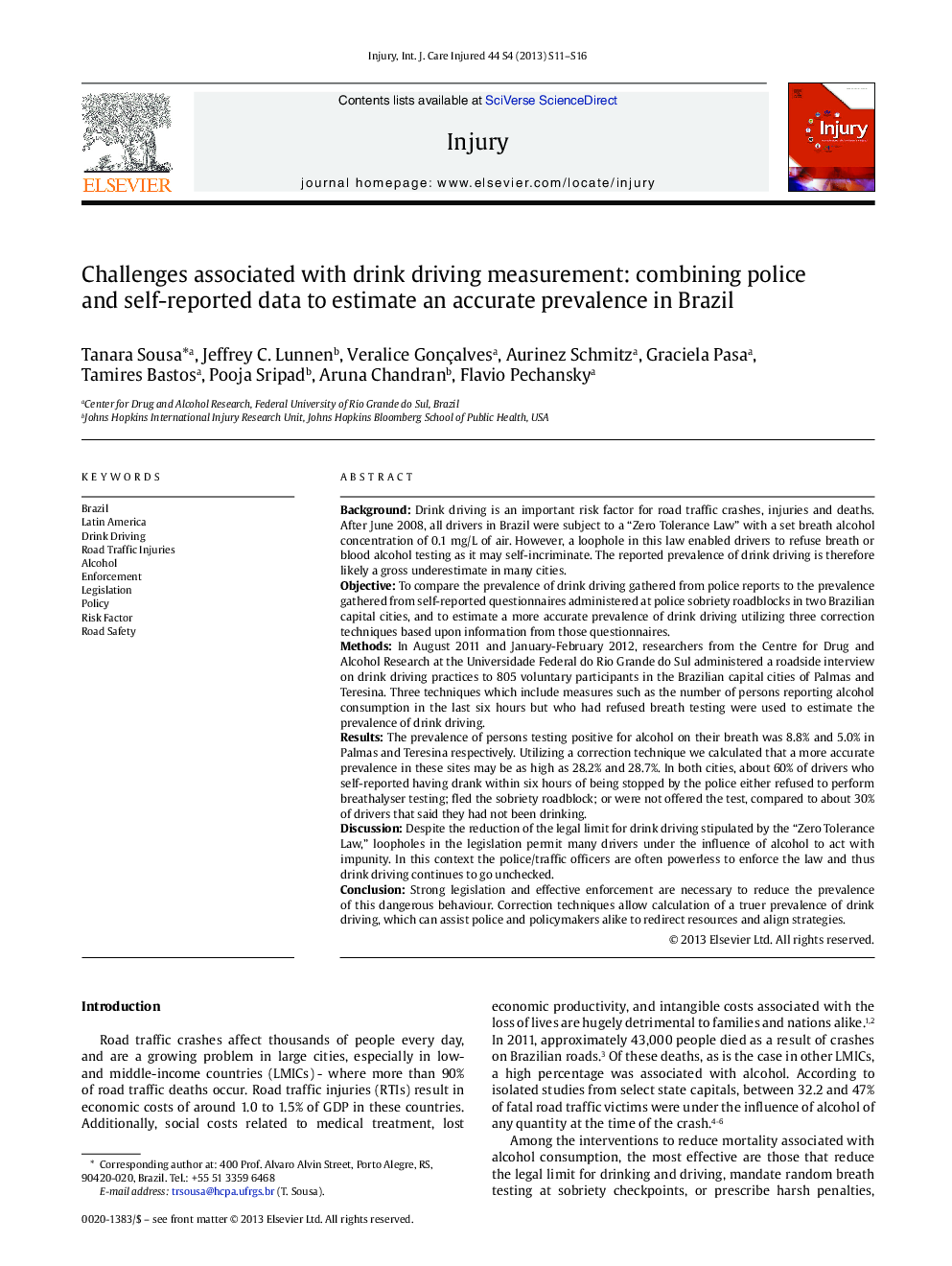 Challenges associated with drink driving measurement: combining police and self-reported data to estimate an accurate prevalence in Brazil