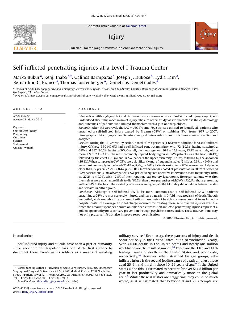 Self-inflicted penetrating injuries at a Level I Trauma Center