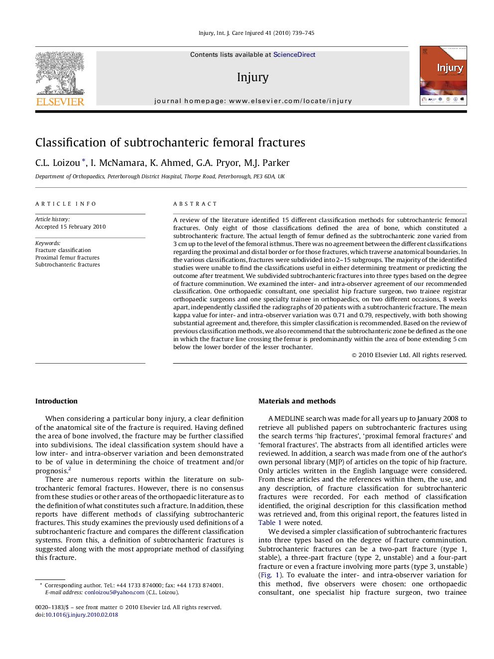 Classification of subtrochanteric femoral fractures