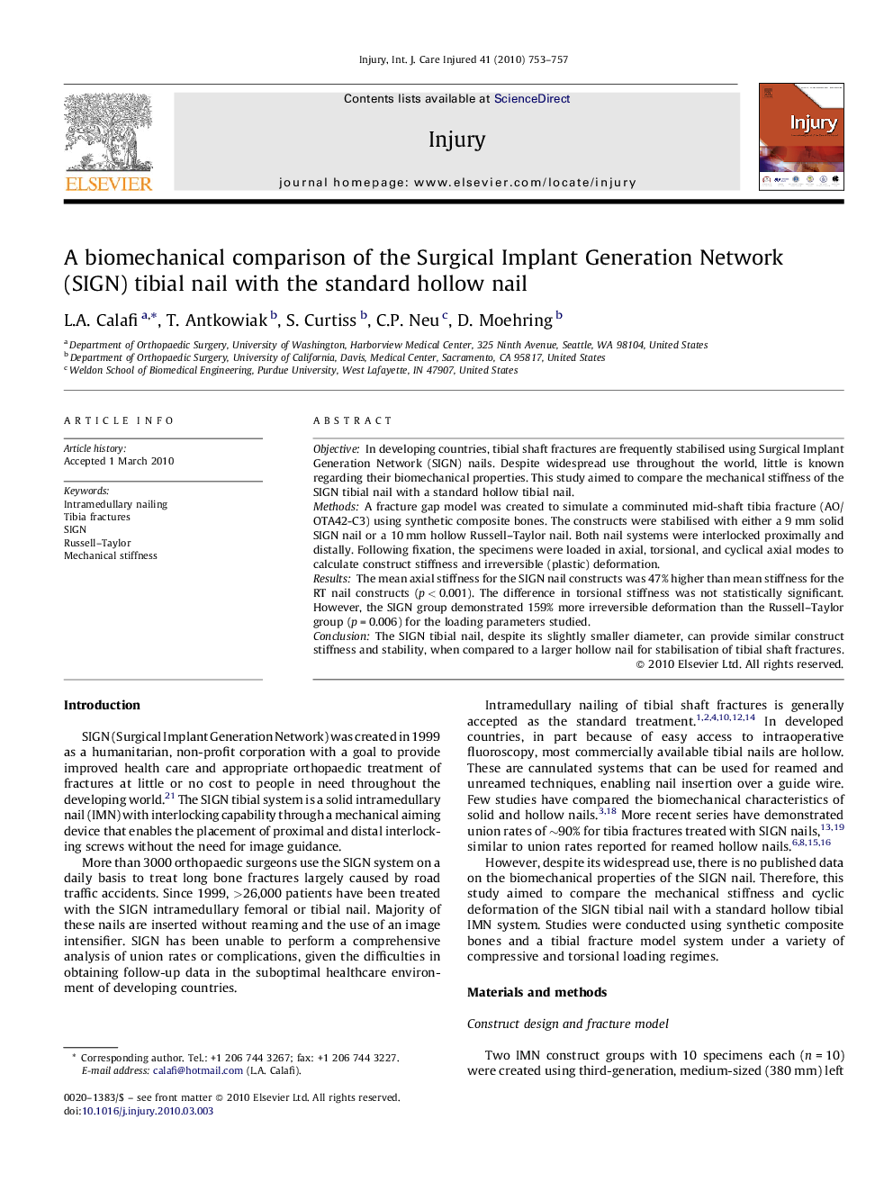 A biomechanical comparison of the Surgical Implant Generation Network (SIGN) tibial nail with the standard hollow nail