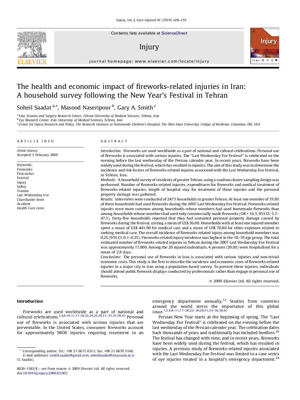 The health and economic impact of fireworks-related injuries in Iran: A household survey following the New Year's Festival in Tehran