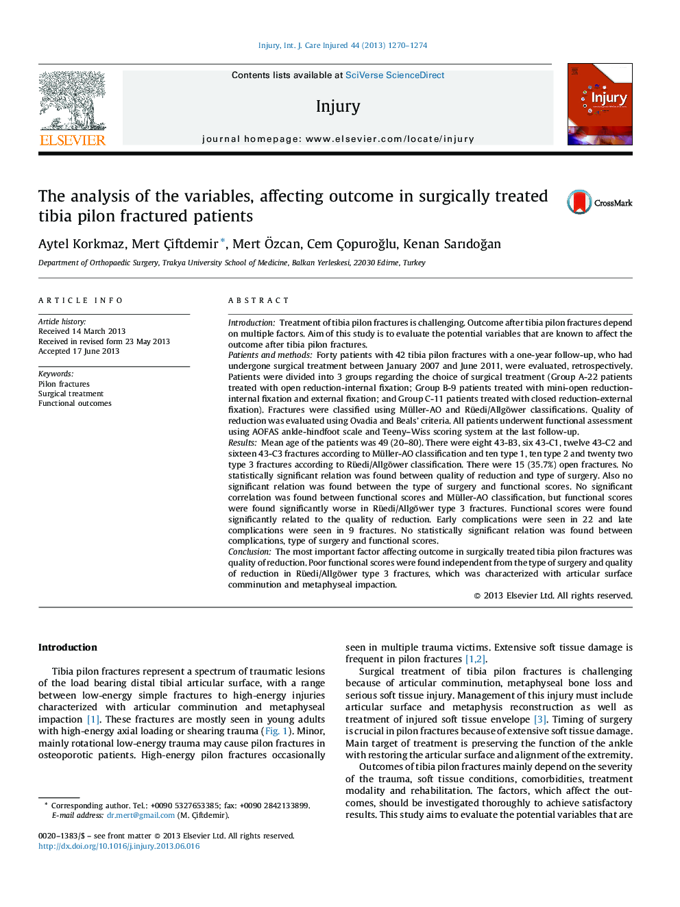 The analysis of the variables, affecting outcome in surgically treated tibia pilon fractured patients