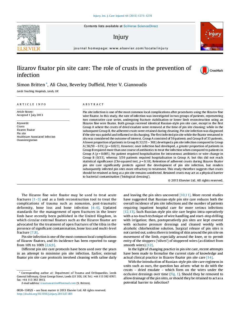 Ilizarov fixator pin site care: The role of crusts in the prevention of infection