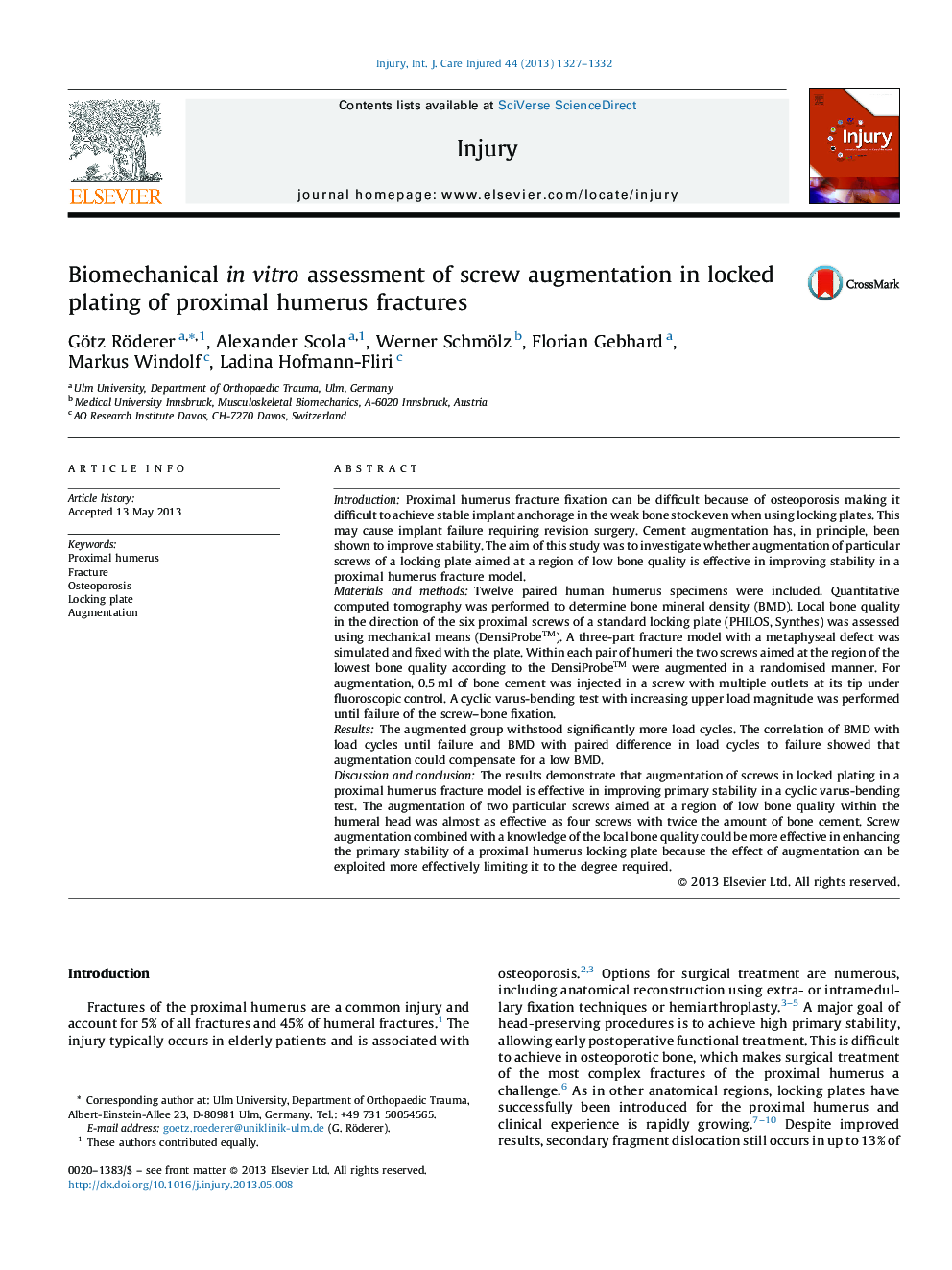 Biomechanical in vitro assessment of screw augmentation in locked plating of proximal humerus fractures