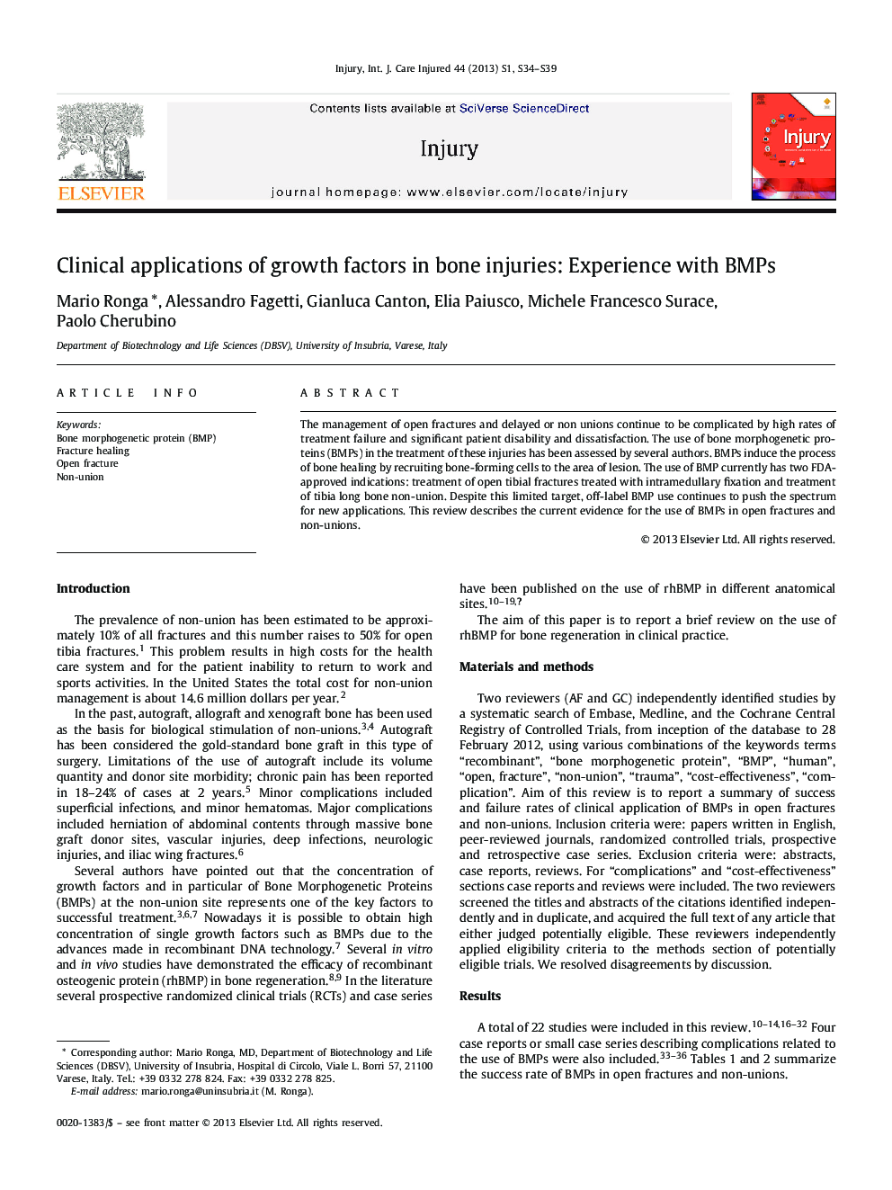 Clinical applications of growth factors in bone injuries: Experience with BMPs 