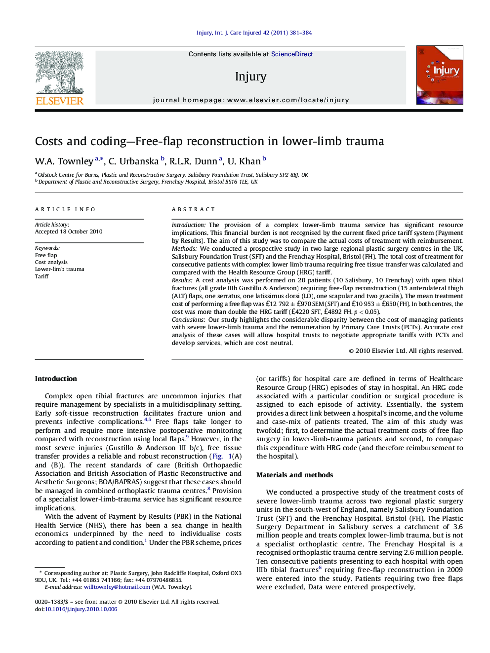 Costs and coding—Free-flap reconstruction in lower-limb trauma