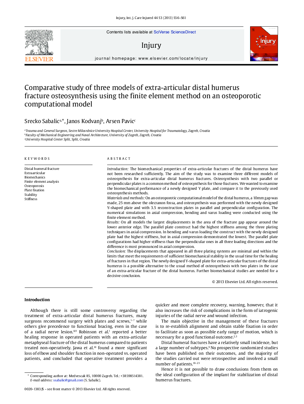 Comparative study of three models of extra-articular distal humerus fracture osteosynthesis using the finite element method on an osteoporotic computational model