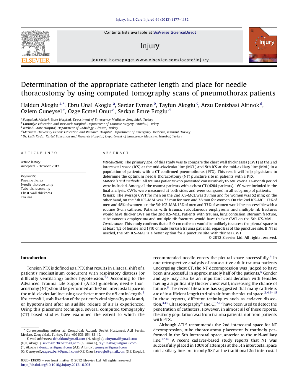 Determination of the appropriate catheter length and place for needle thoracostomy by using computed tomography scans of pneumothorax patients