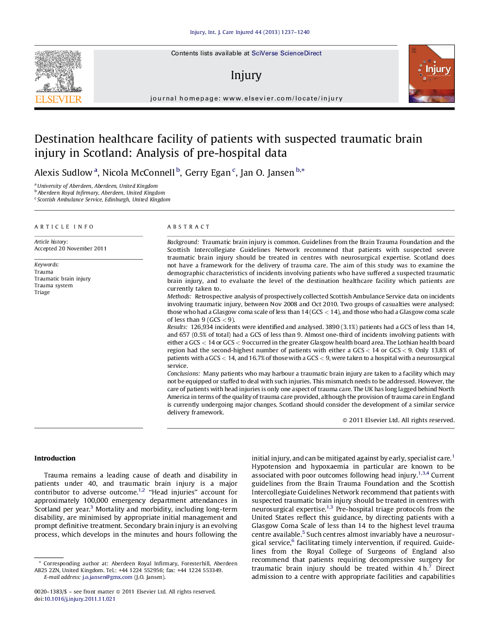 Destination healthcare facility of patients with suspected traumatic brain injury in Scotland: Analysis of pre-hospital data