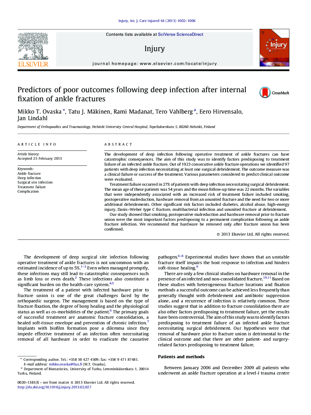 Predictors of poor outcomes following deep infection after internal fixation of ankle fractures