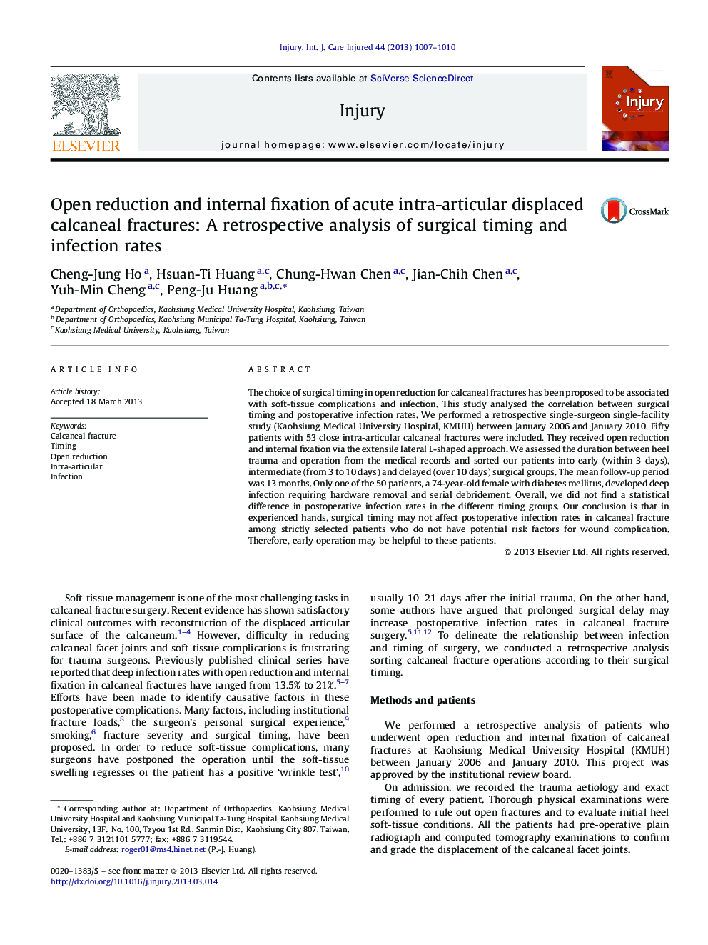 Open reduction and internal fixation of acute intra-articular displaced calcaneal fractures: A retrospective analysis of surgical timing and infection rates