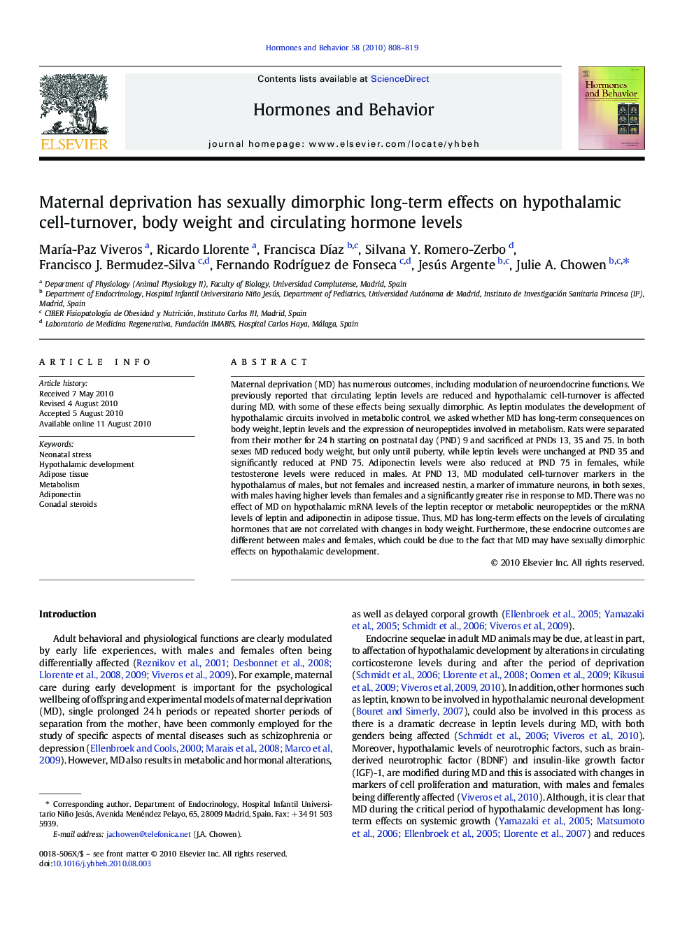 Maternal deprivation has sexually dimorphic long-term effects on hypothalamic cell-turnover, body weight and circulating hormone levels