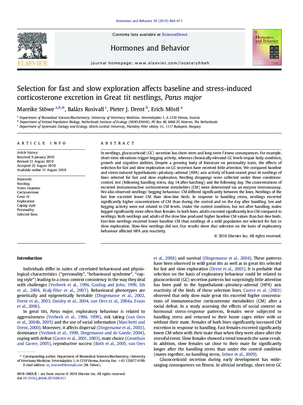 Selection for fast and slow exploration affects baseline and stress-induced corticosterone excretion in Great tit nestlings, Parus major