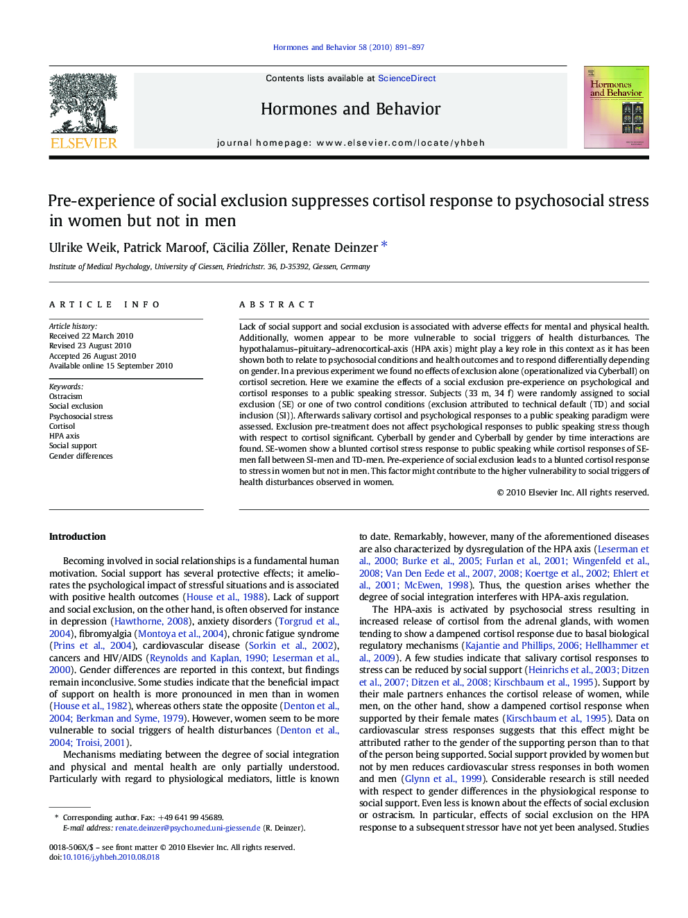 عکس صفحه اول مقاله: Pre-experience of social exclusion suppresses cortisol response to psychosocial stress in women but not in men Pre-experience of social exclusion suppresses cortisol response to psychosocial stress in women but not in men