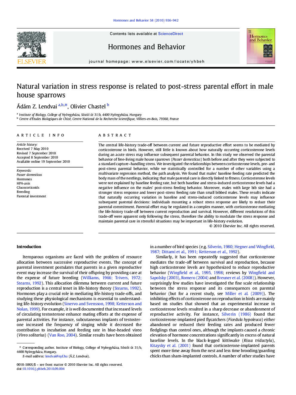 Natural variation in stress response is related to post-stress parental effort in male house sparrows