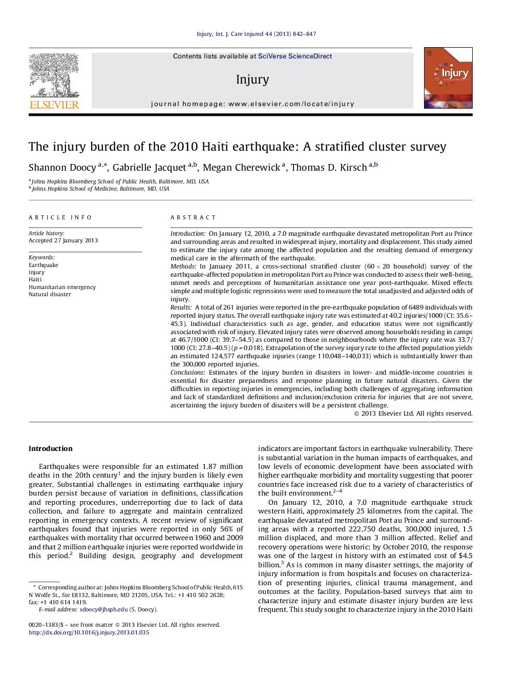 The injury burden of the 2010 Haiti earthquake: A stratified cluster survey