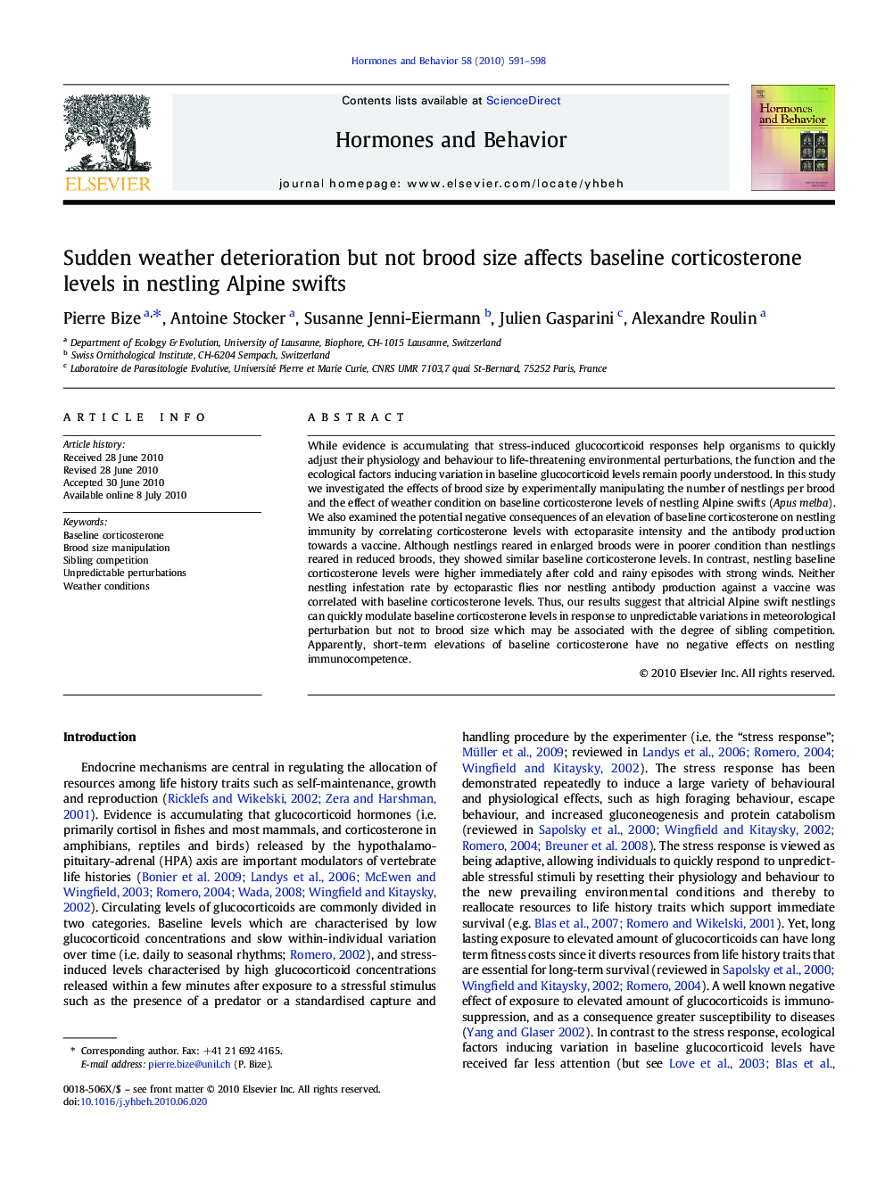 Sudden weather deterioration but not brood size affects baseline corticosterone levels in nestling Alpine swifts