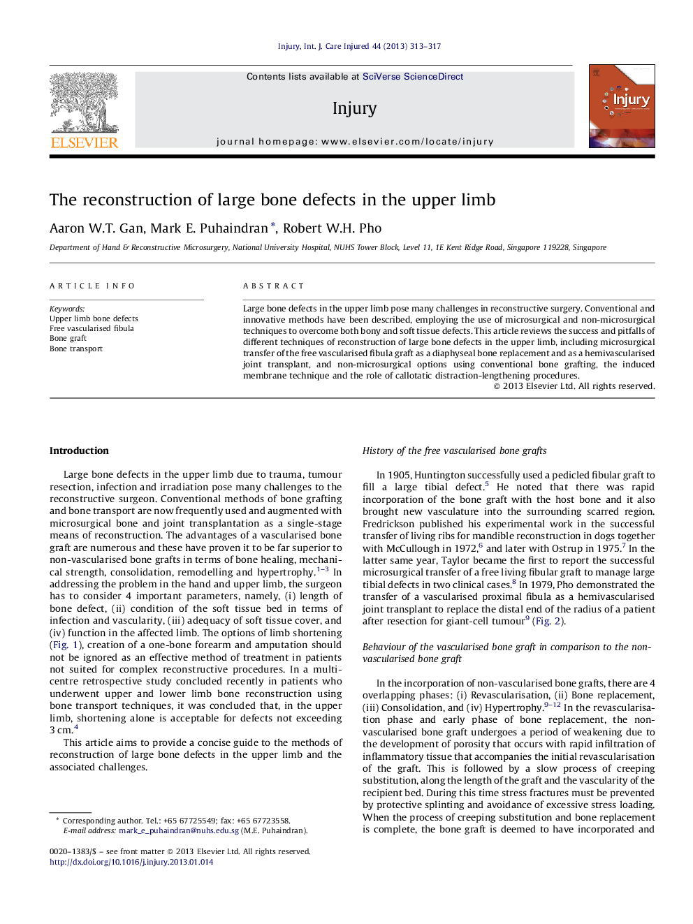 The reconstruction of large bone defects in the upper limb