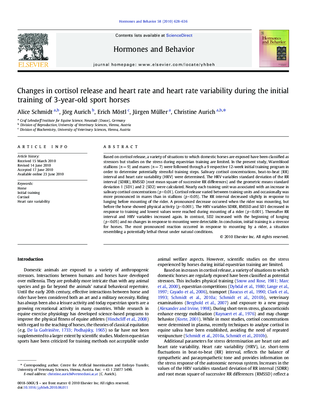 Changes in cortisol release and heart rate and heart rate variability during the initial training of 3-year-old sport horses