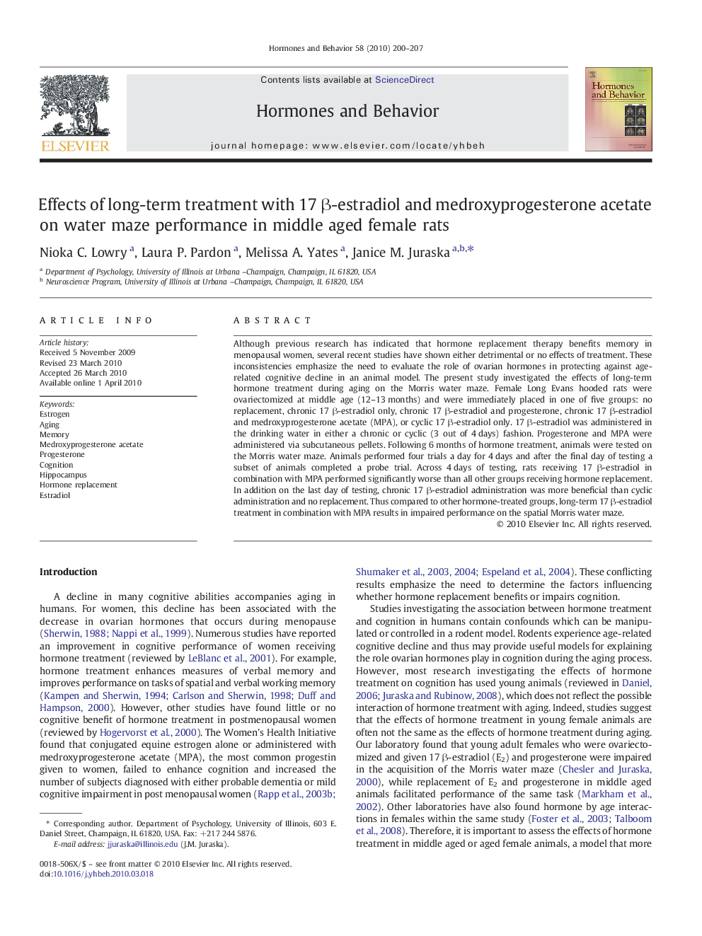 Effects of long-term treatment with 17 β-estradiol and medroxyprogesterone acetate on water maze performance in middle aged female rats