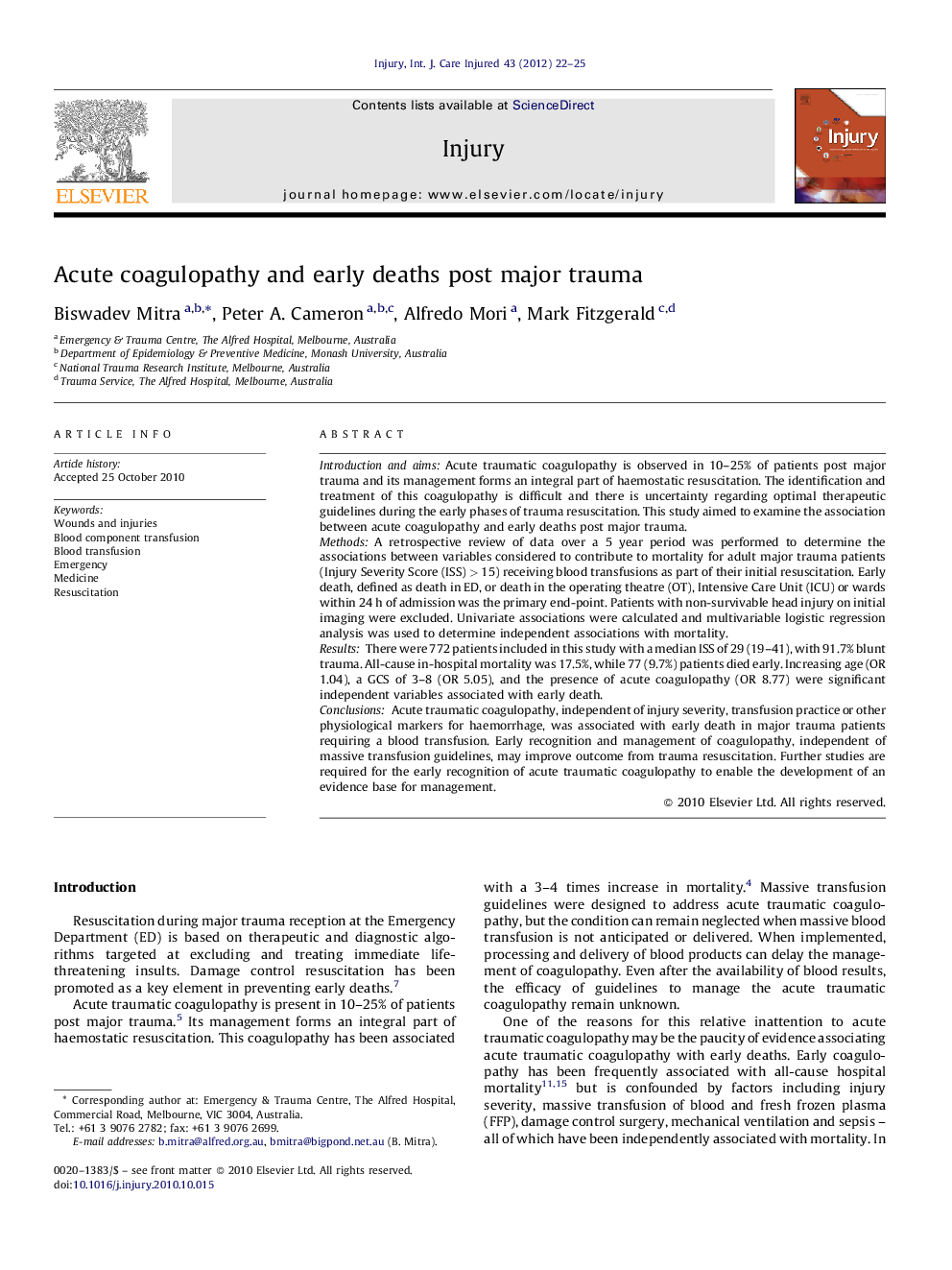 Acute coagulopathy and early deaths post major trauma