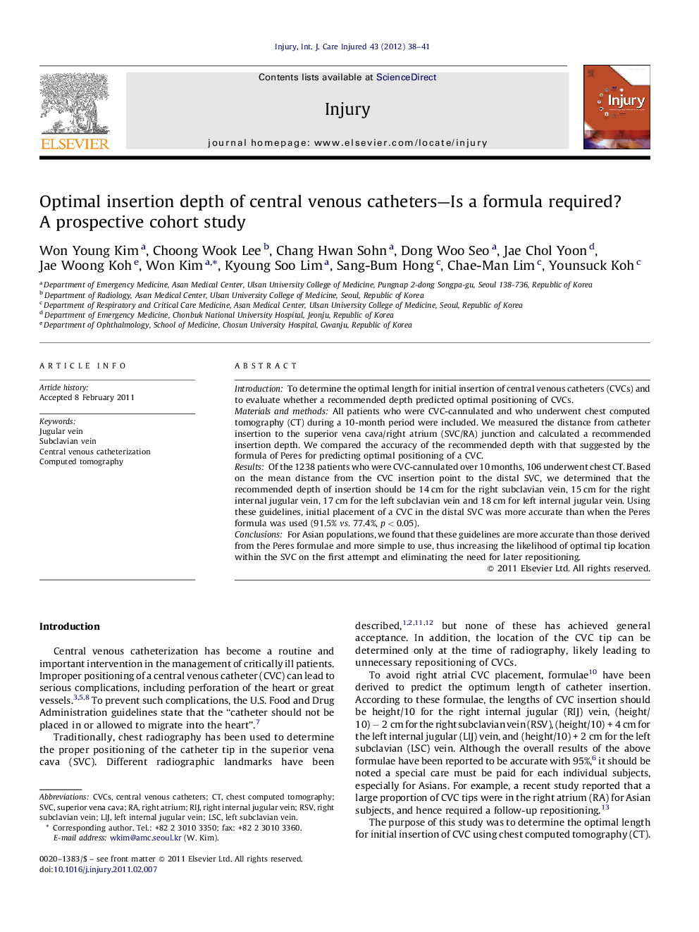 Optimal insertion depth of central venous catheters—Is a formula required? A prospective cohort study