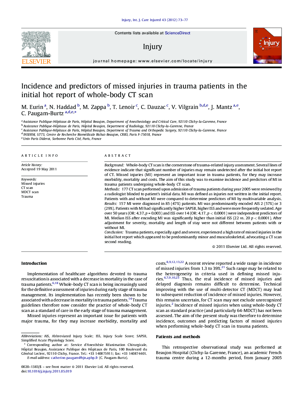 Incidence and predictors of missed injuries in trauma patients in the initial hot report of whole-body CT scan