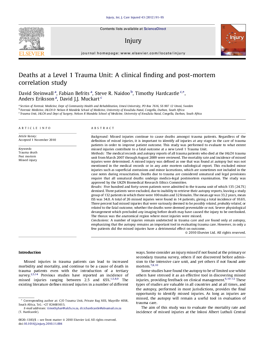 Deaths at a Level 1 Trauma Unit: A clinical finding and post-mortem correlation study