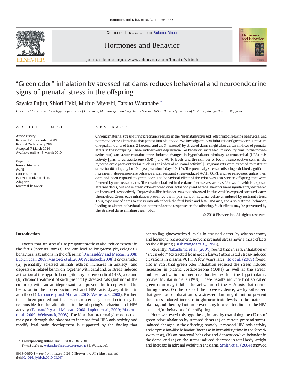 “Green odor” inhalation by stressed rat dams reduces behavioral and neuroendocrine signs of prenatal stress in the offspring