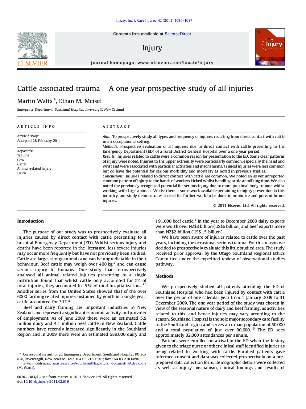 Cattle associated trauma – A one year prospective study of all injuries